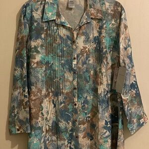 NEW Multiples Blue and Brown Casual Button Down Shirt Size M Roll Tab Sleeves